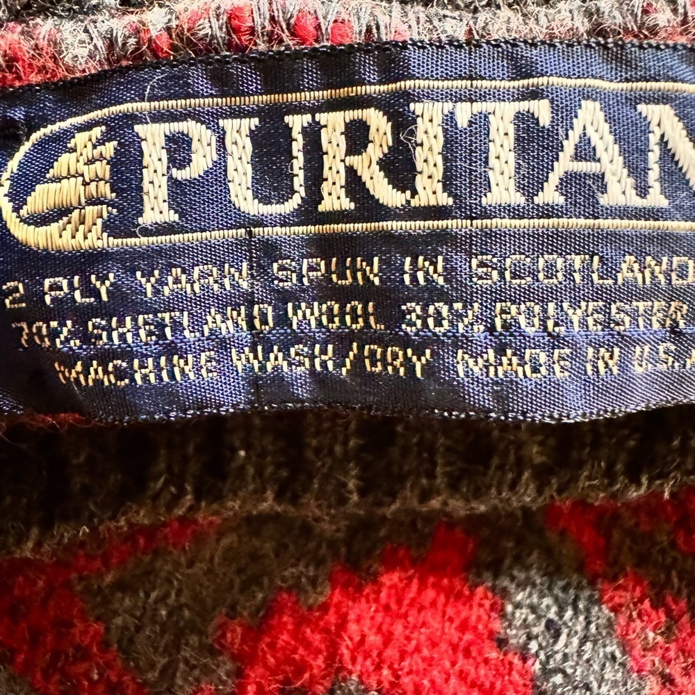 Vintage Puritan Shetland Wool Sweater Men’s L Red Gray Geometric Knit USA Made - Picture 3 of 5